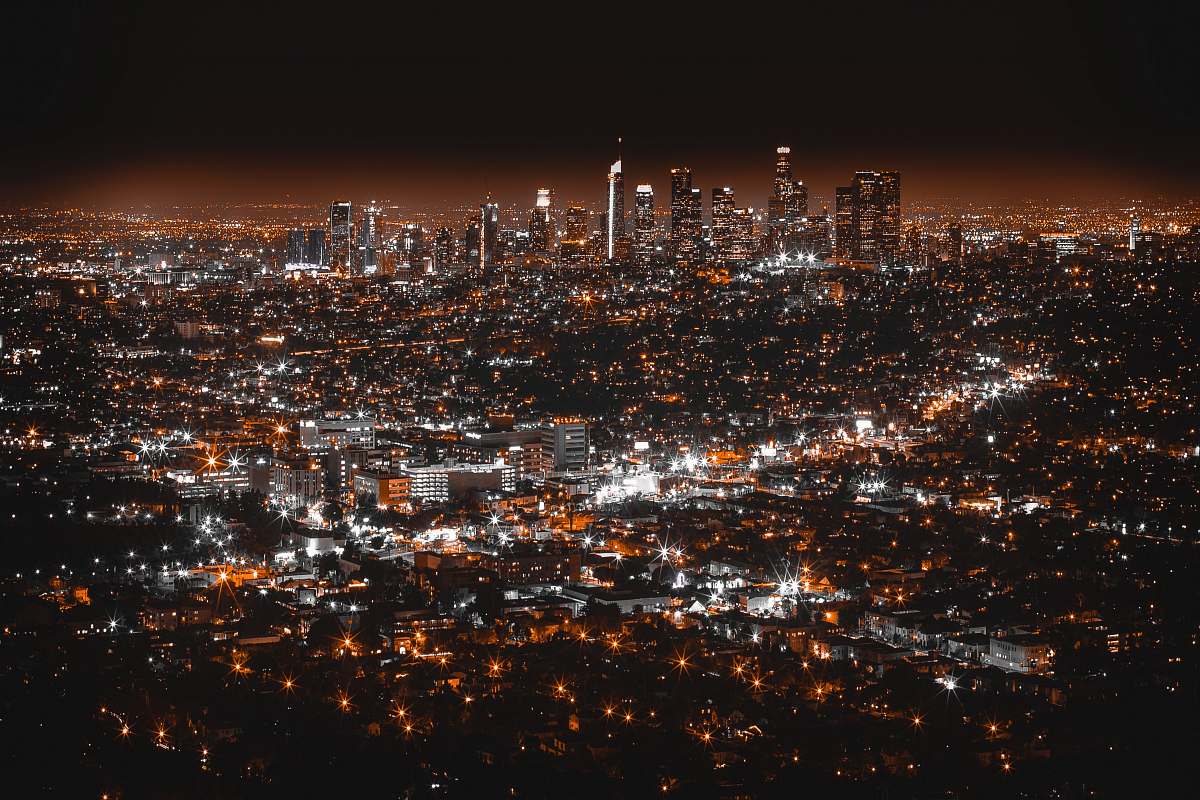 night aerial view of cityscape at night downtown