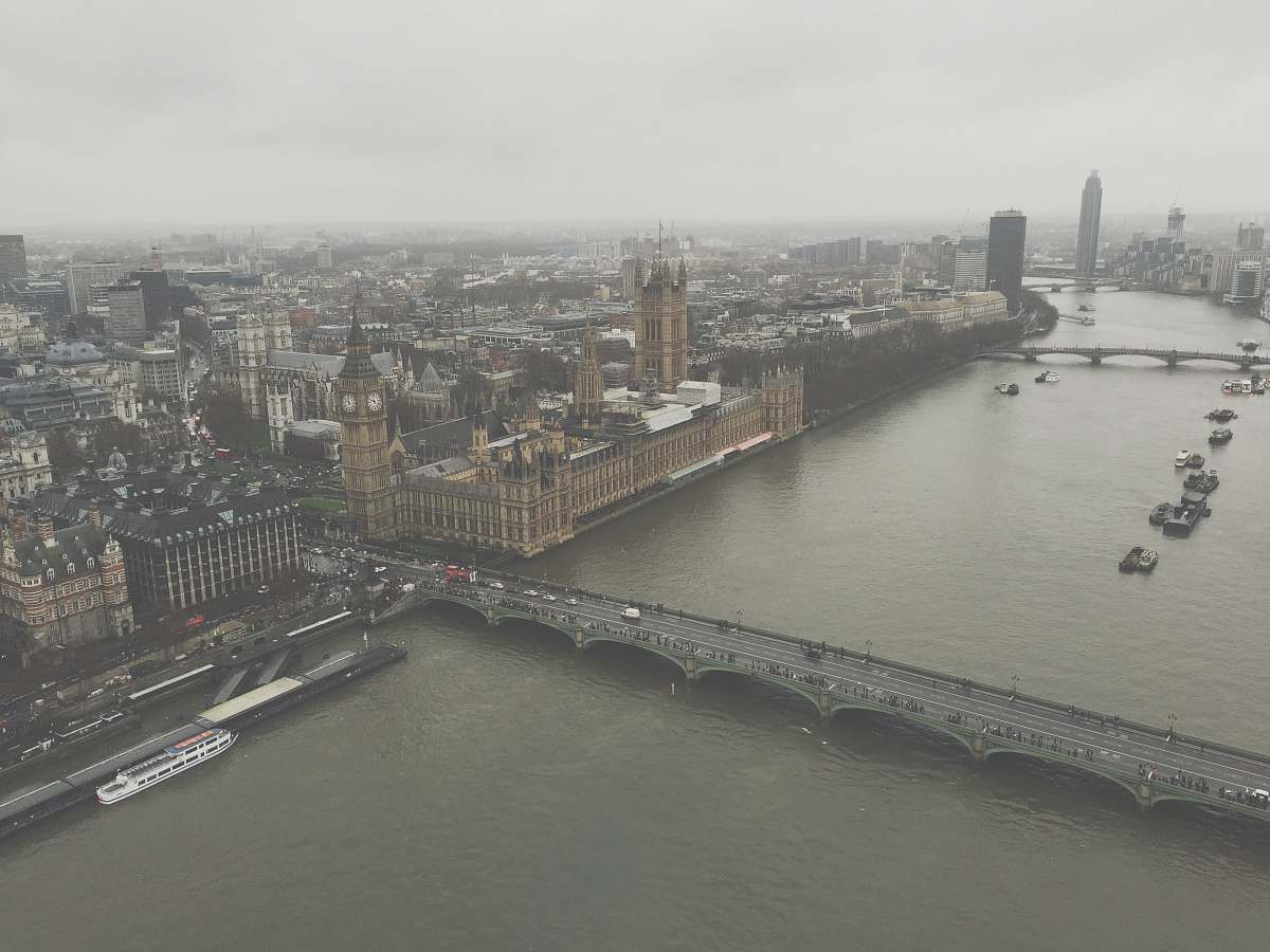 landscape aerial view of London England Big Ben grey