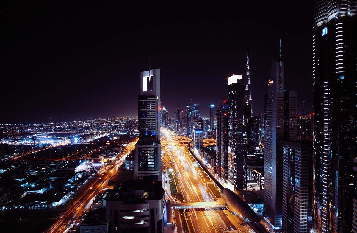 night bird's eye view of high-rise buildings dubai