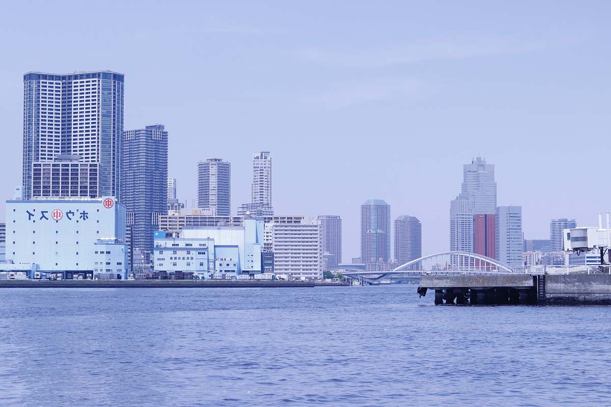 building bridge near buildings high rise
