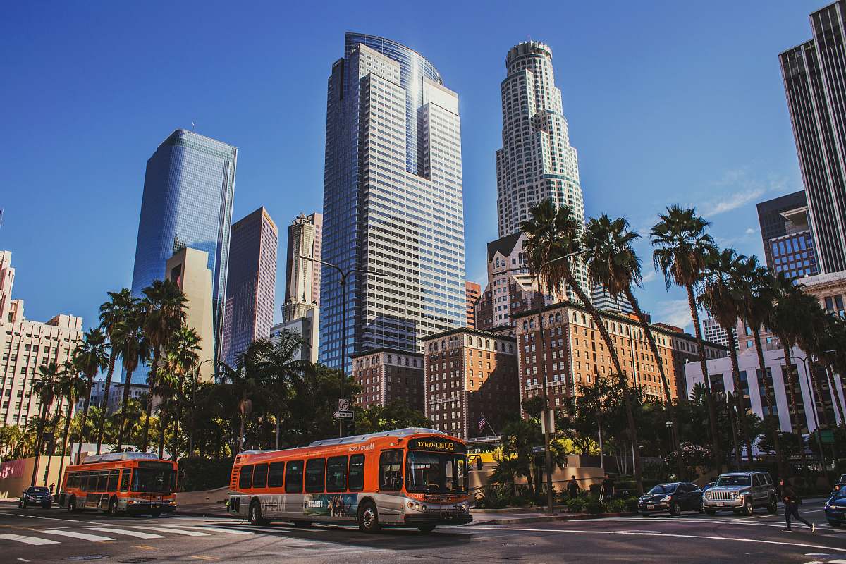 downtown bus on road near building at daytime bus