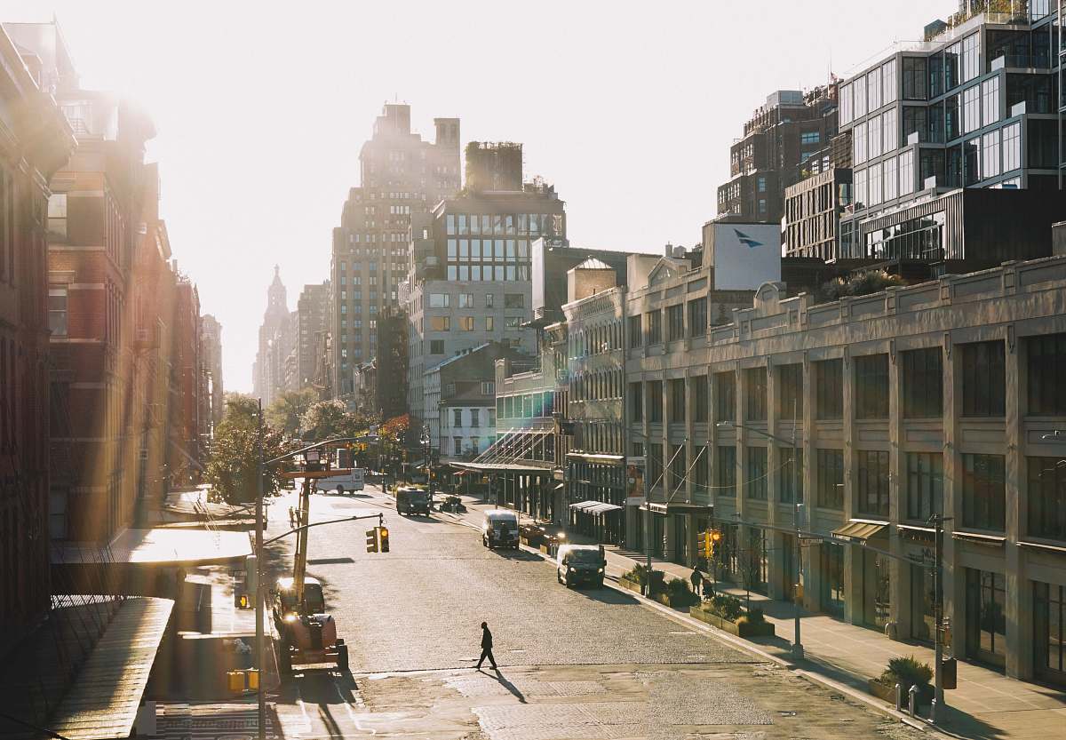 town gray building and a city road landscape at sunrise downtown