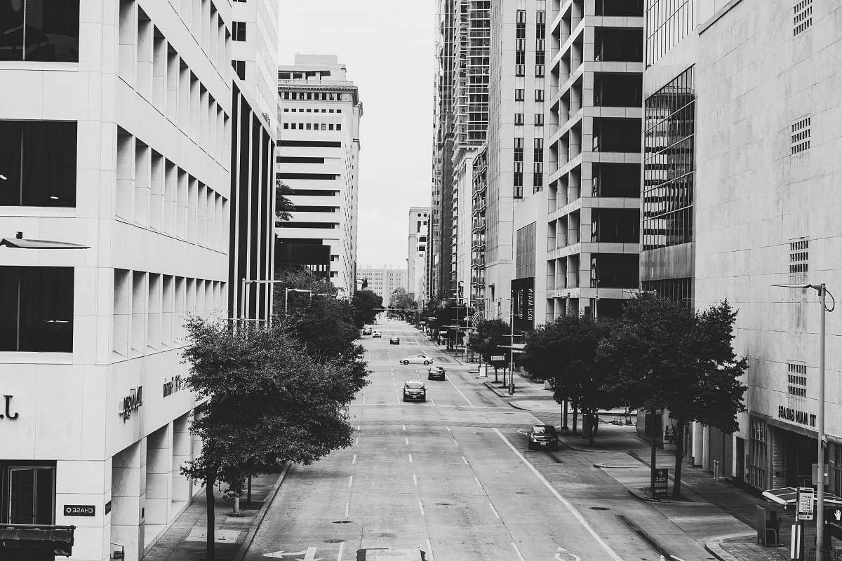 black-and-white grayscale photo of city town
