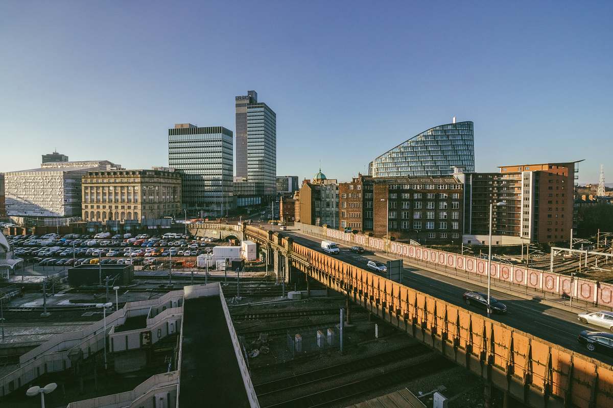 urban high rise buildings and bridge manchester