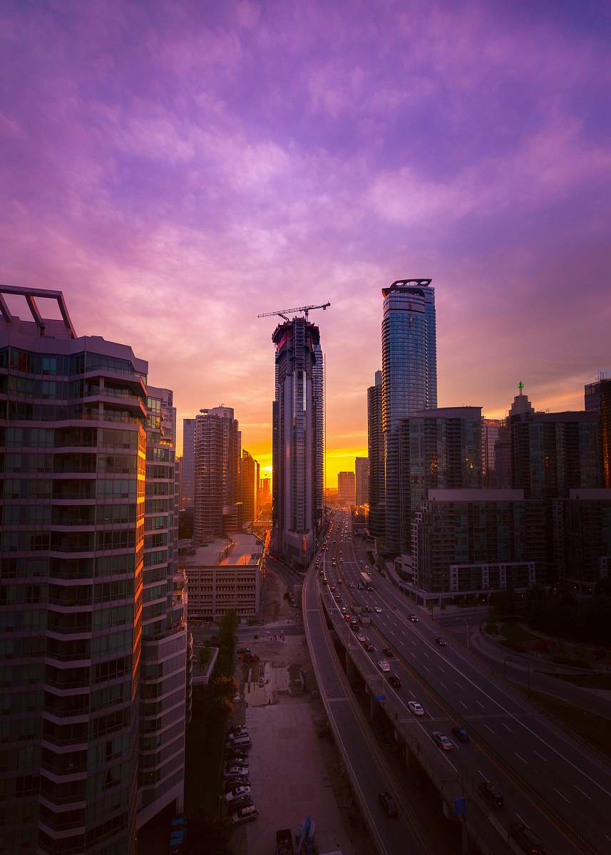 downtown high rise buildings during golden hour urban