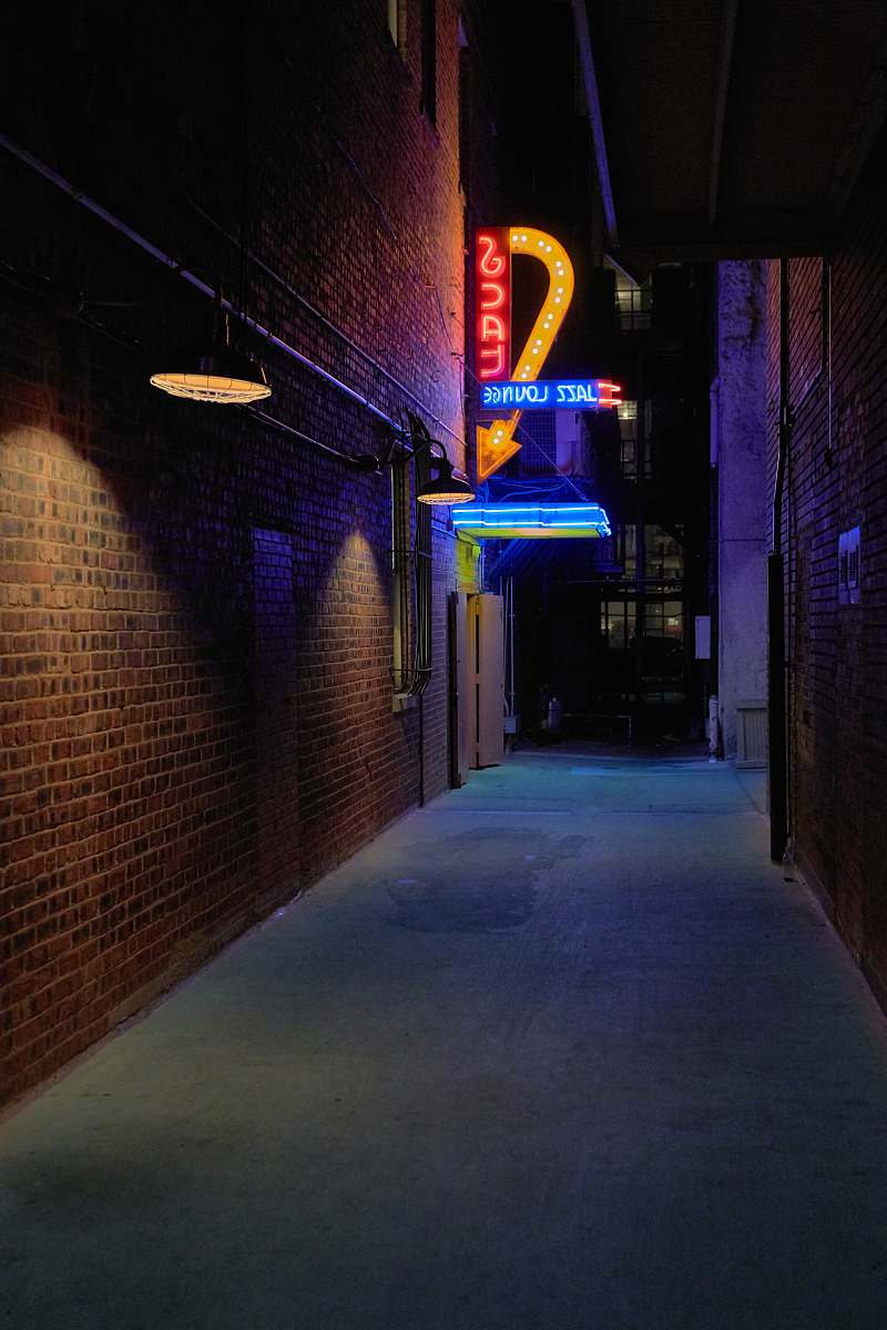 building Scat LED signage beside wall in the alley road