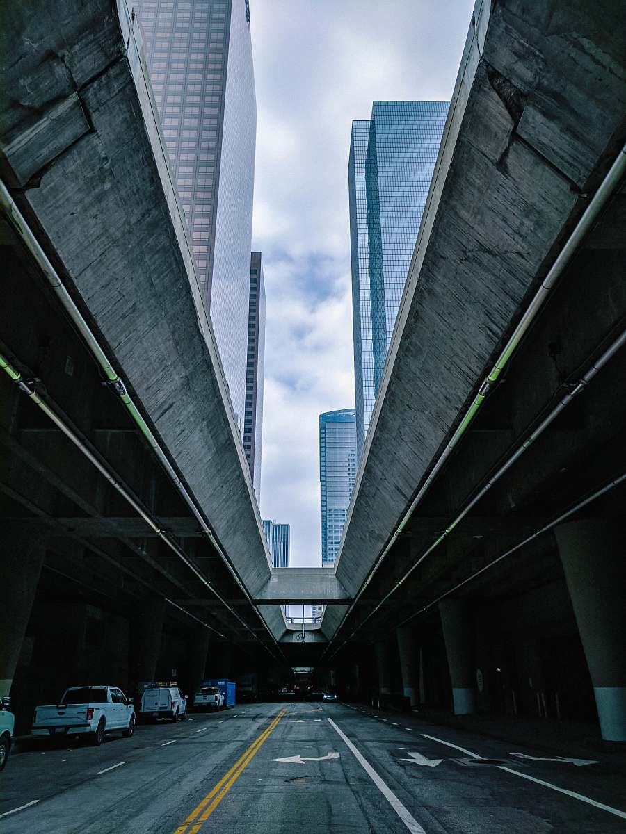 building underground highway at city during daytime skyscraper