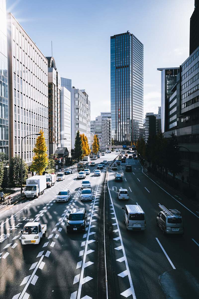 road vehicles and buildings urban