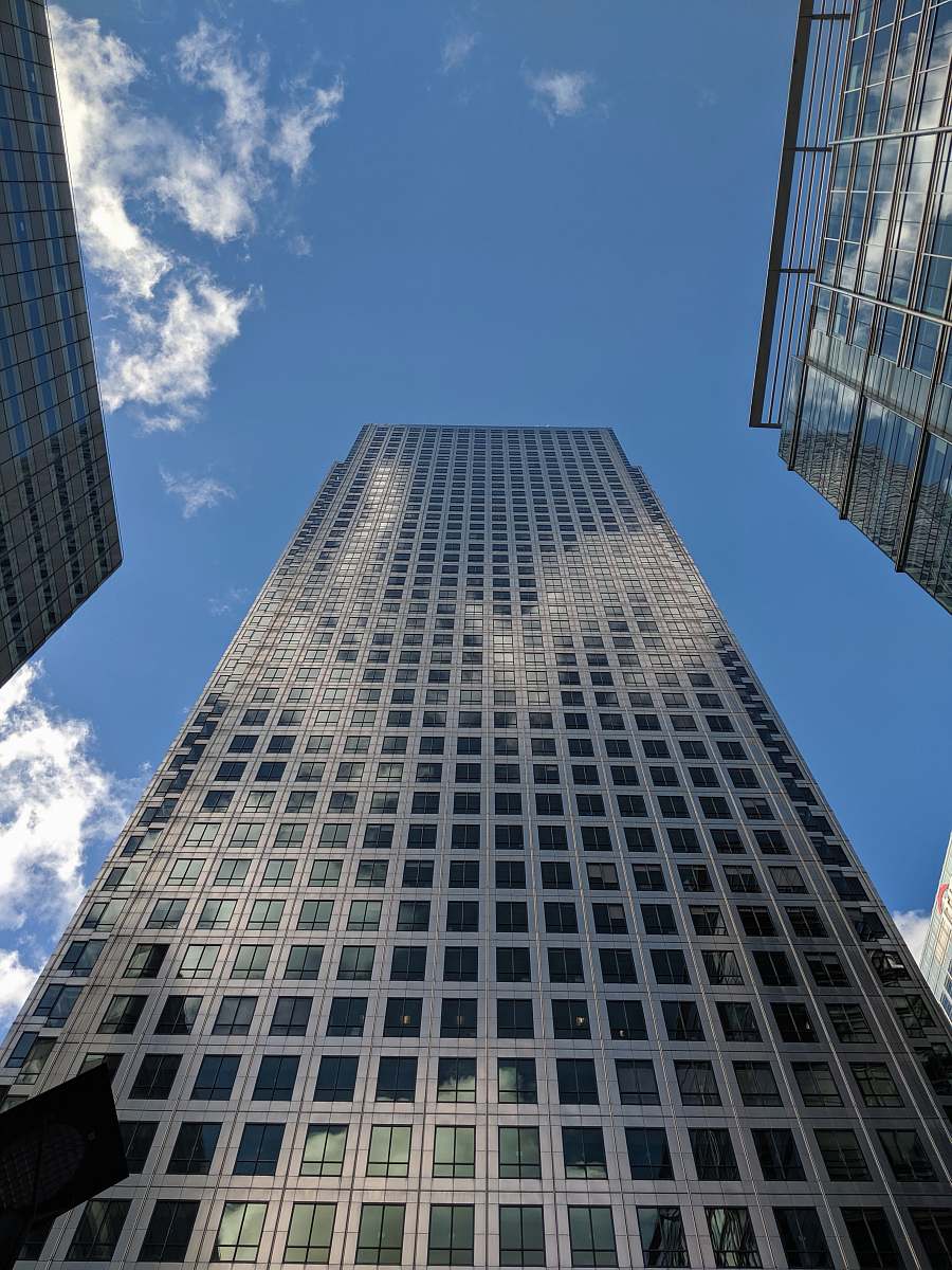 building worms-eye view of gray skyscraper building office building