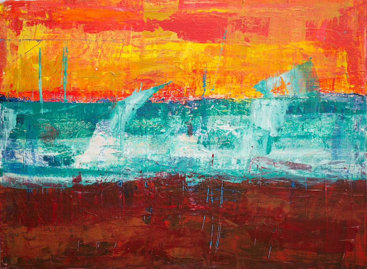 art teal, orange, and red abstract painting modern art