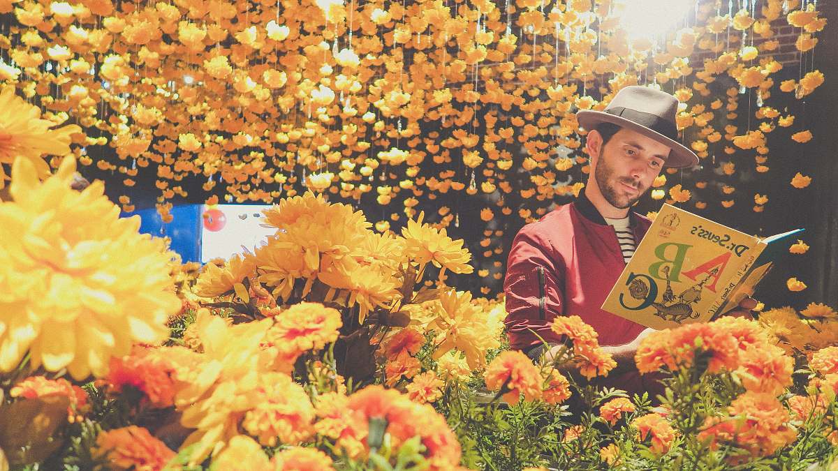 man reading book near yellow flowers 