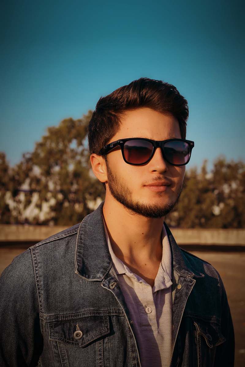 sunglasses man in black denim jacket accessory