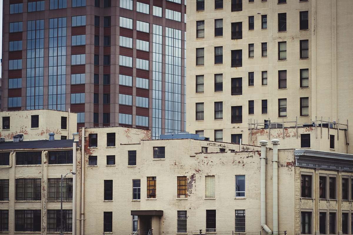 city aerial photo of concrete buildings urban