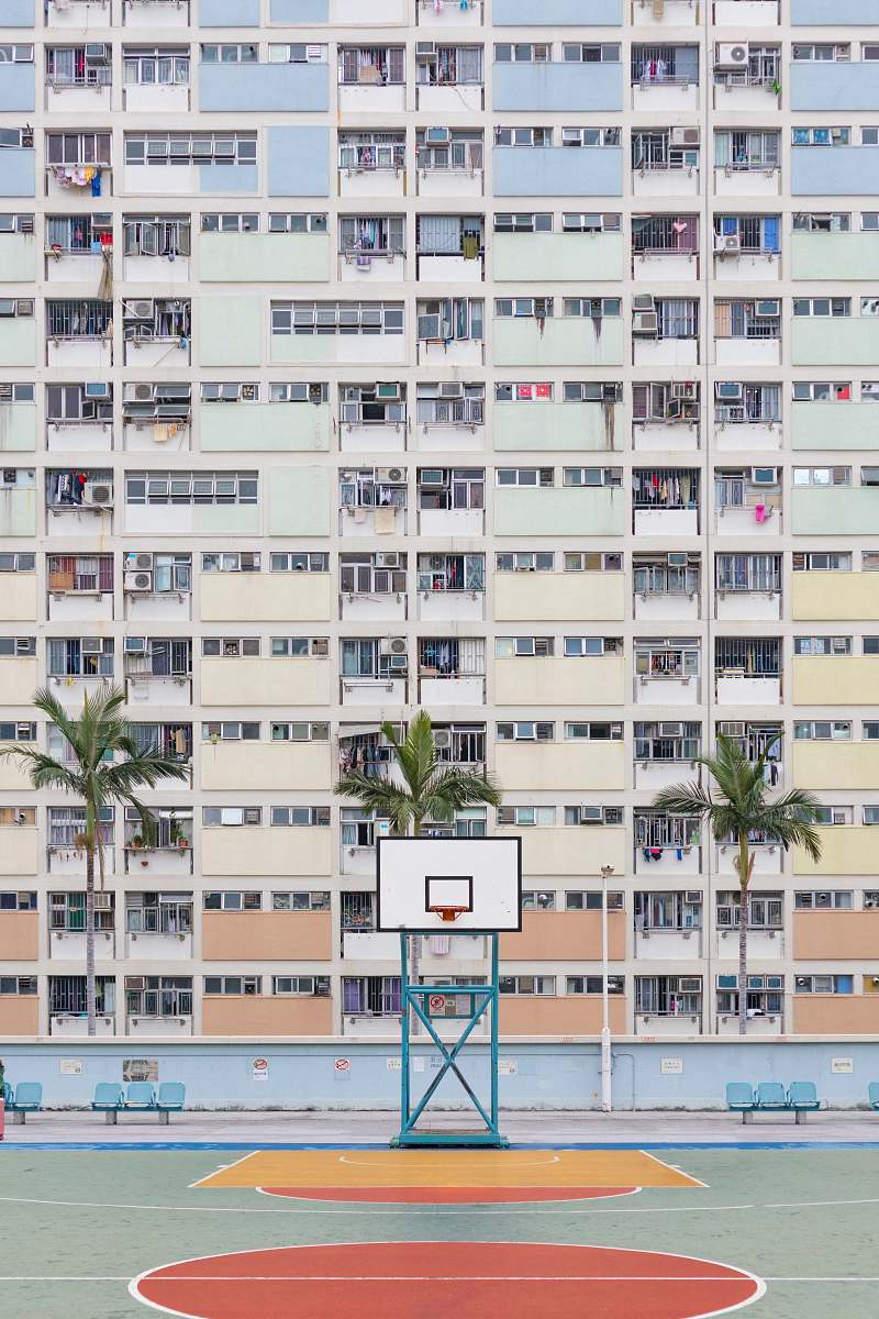 city empty basketball court high rise