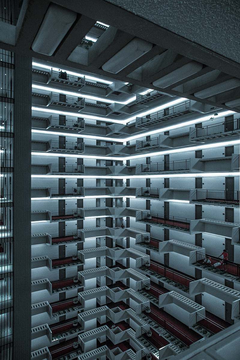 city grey, white and red server cabinet high rise