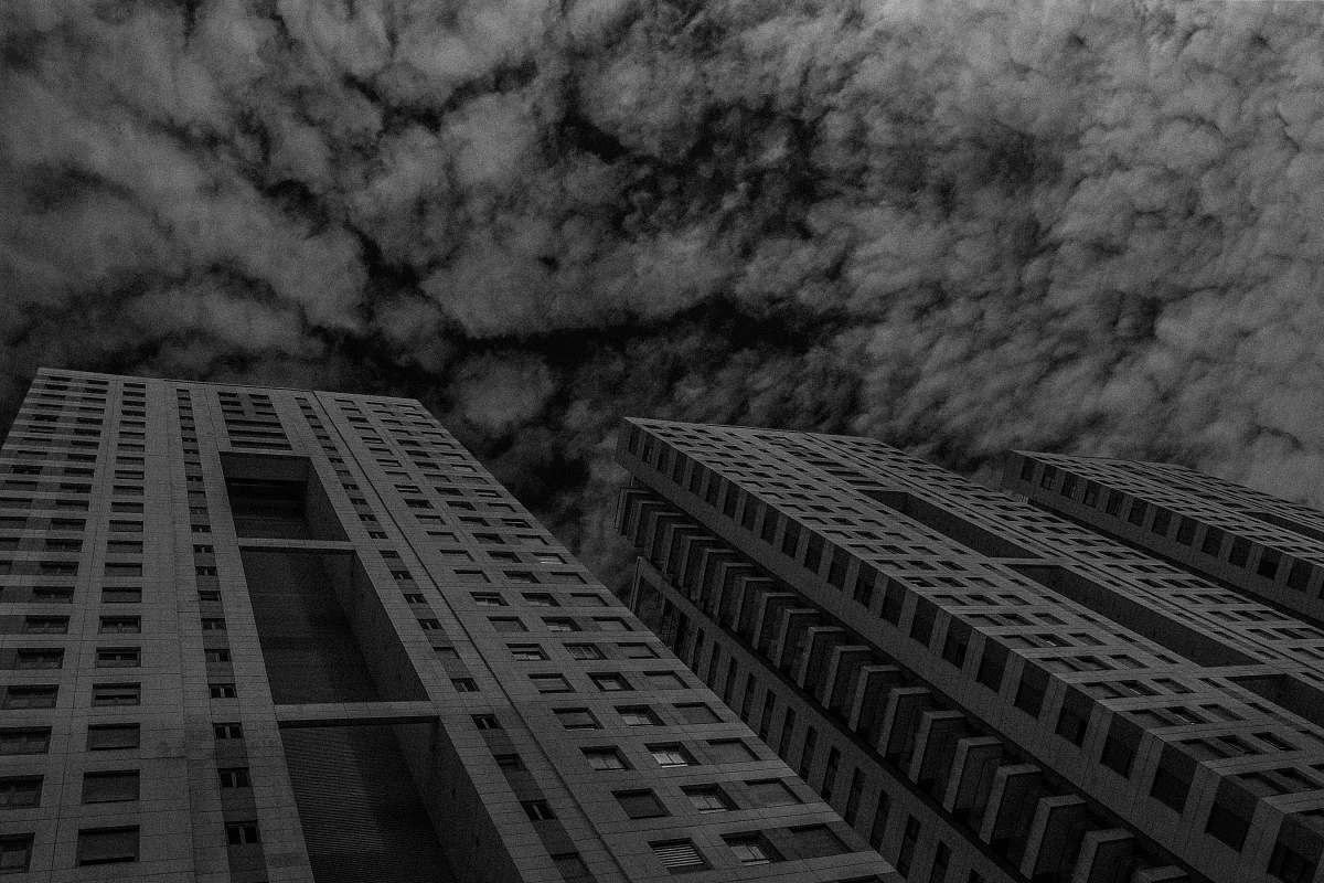 urban low angle view of building black-and-white