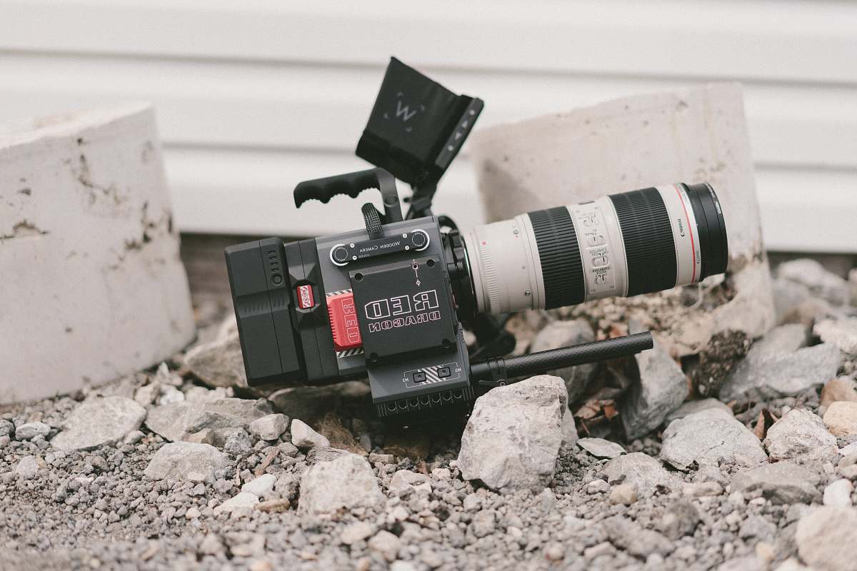 dragon person showing black and grey camcorder on ground power