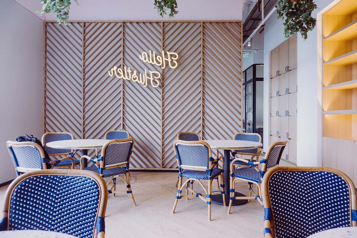 furniture blue and brown wooden dining table and chairs inside room interior