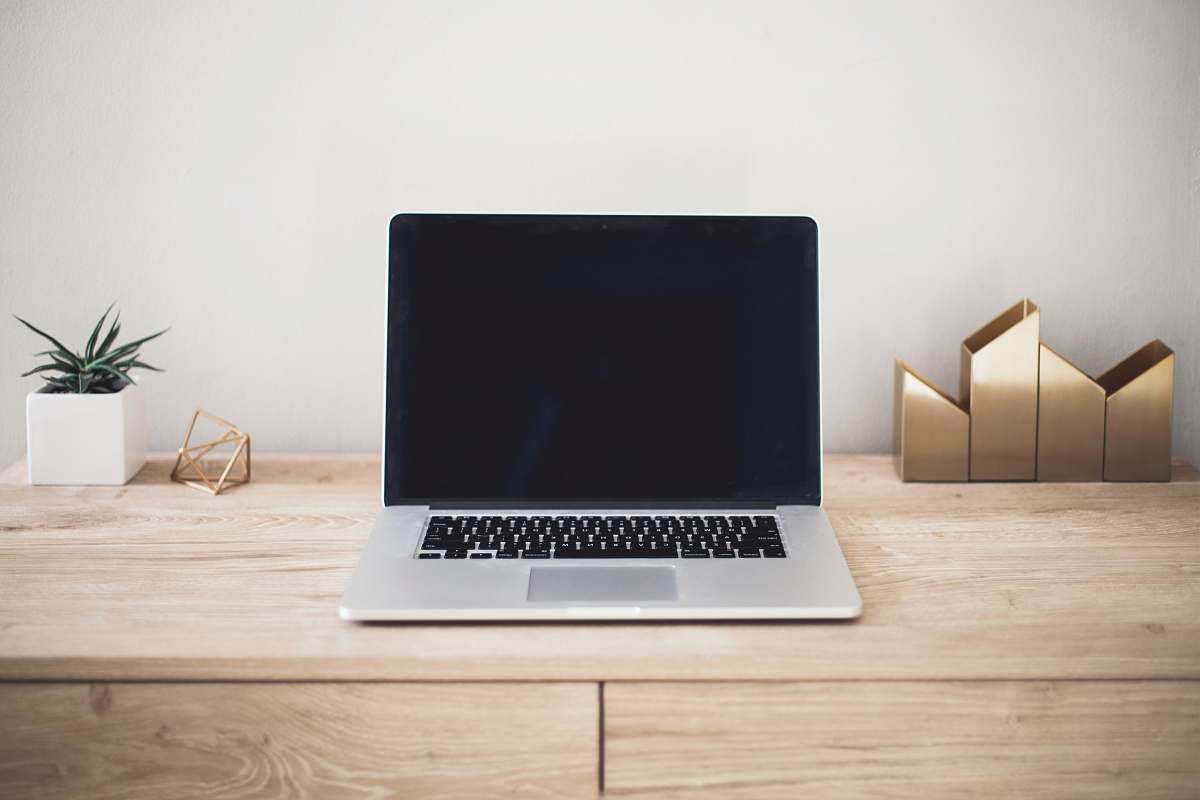 laptop MacBook Pro on top of brown table plant