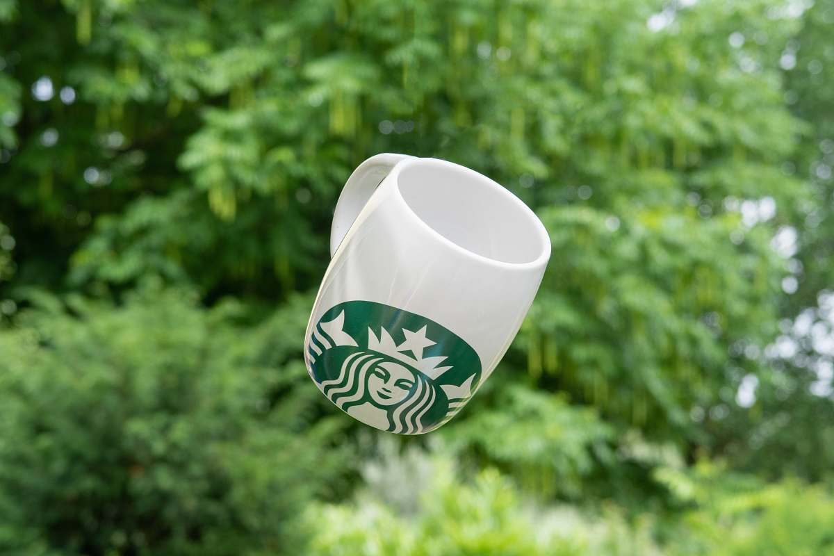 gorinchem selective focus photography of floating white and green Star Bucks ceramic mug netherlands