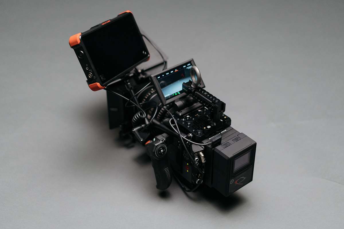 camera black video camera on gray surface display