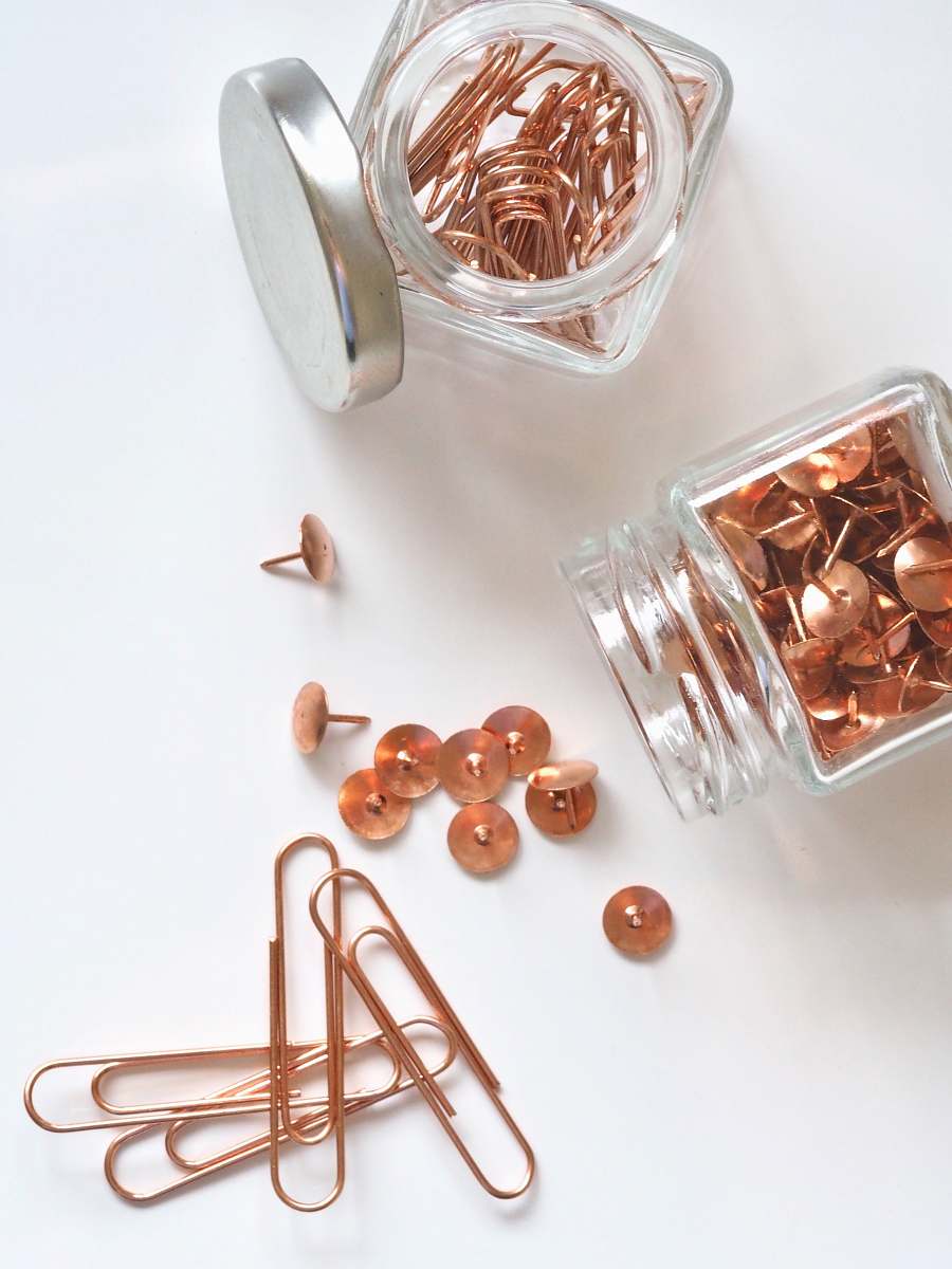 office brass thumbtacks and paper clips clips
