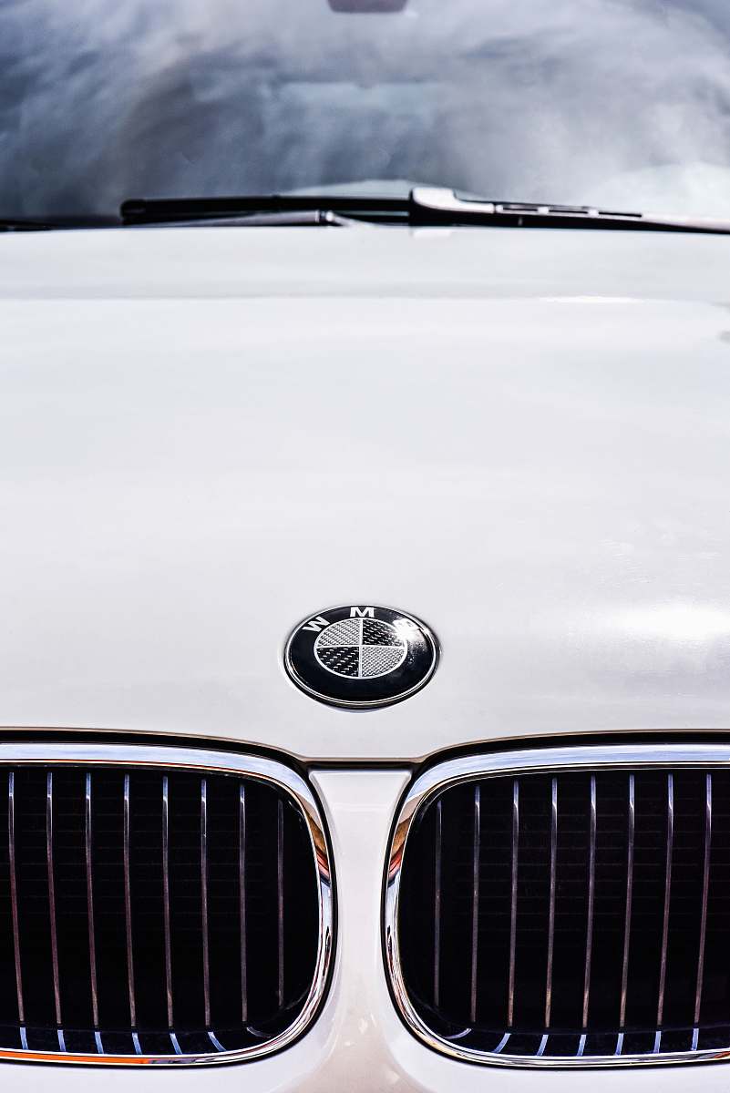 blue white BMW vehicle hood car