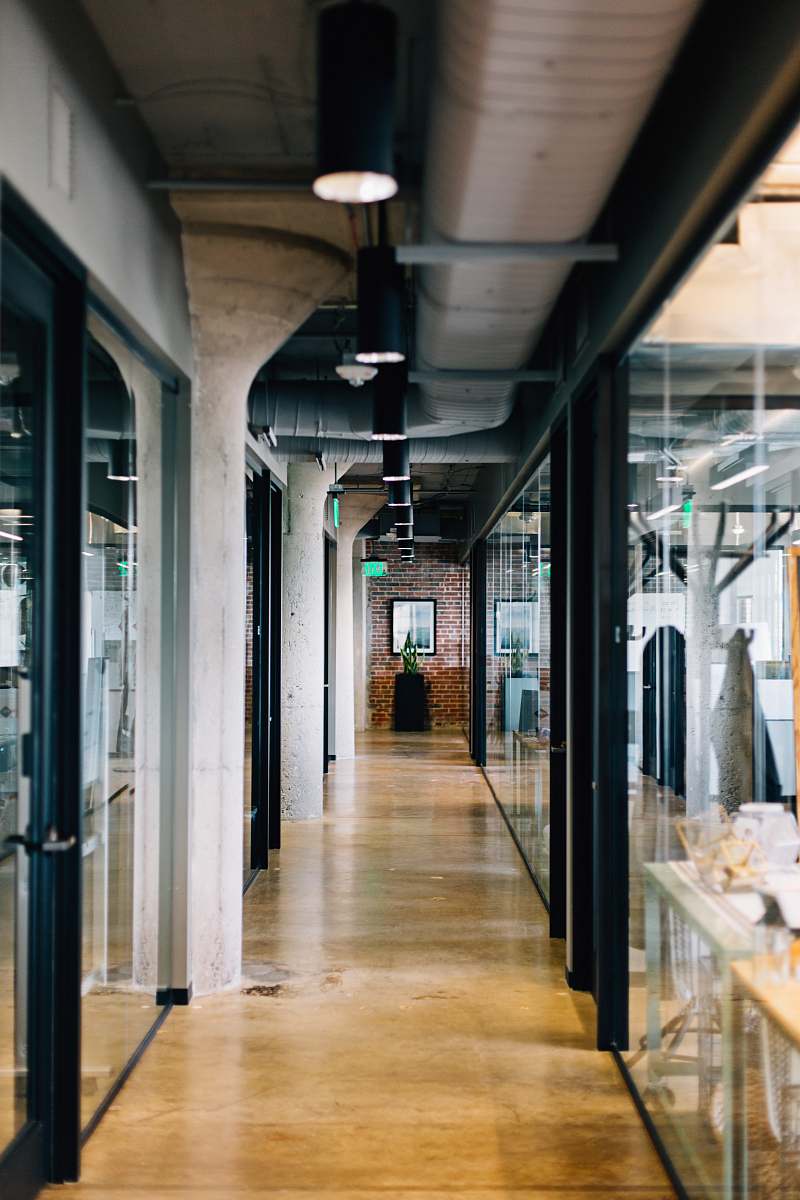 interior architectural photography of white concrete building hallway