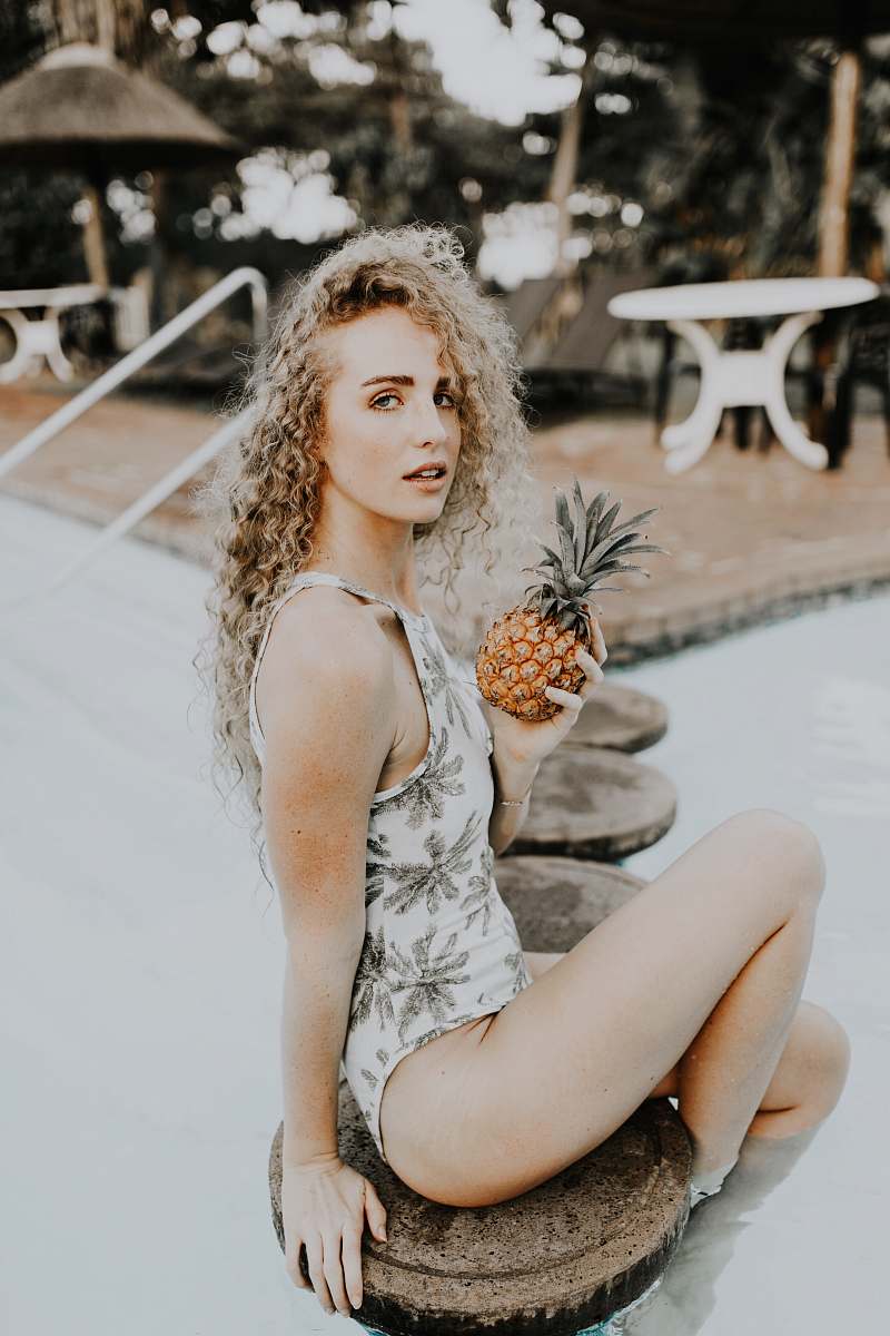 pineapple woman wearing monokini holding pine apple fruit food