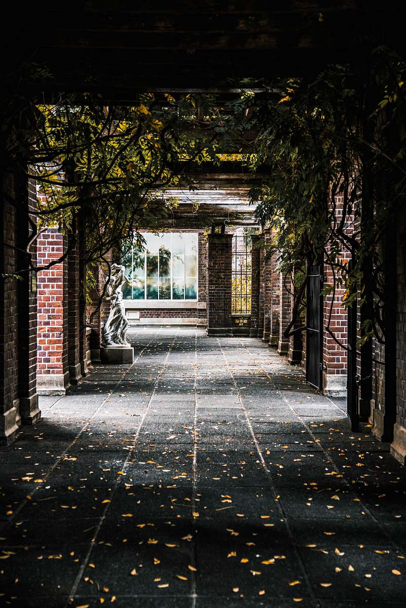 patio brown brick hallway corridor