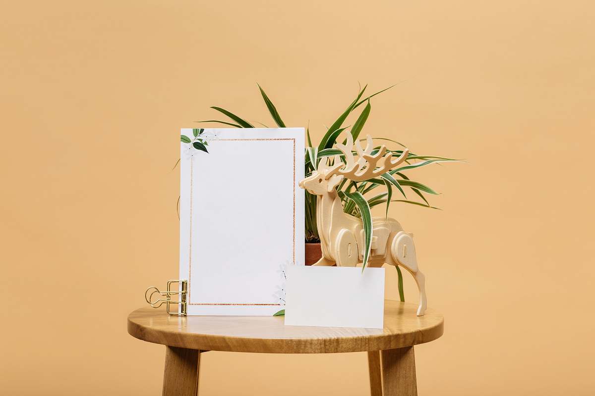 plant male deer buck 3D table decor beside empty photo frame on table vietnam