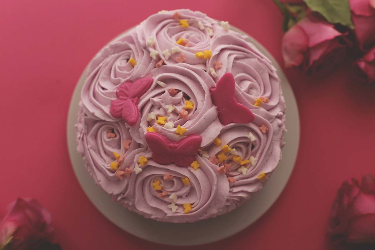 dessert flat-lat photography of pink-icing colored rosette cake cream