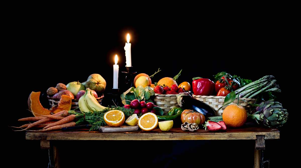 vegetable assorted fruit lot on brown wooden table artichoke