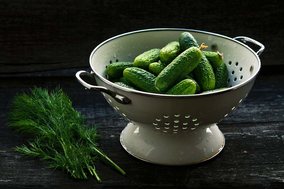 vegetable bowl strainer and pickles cucumber