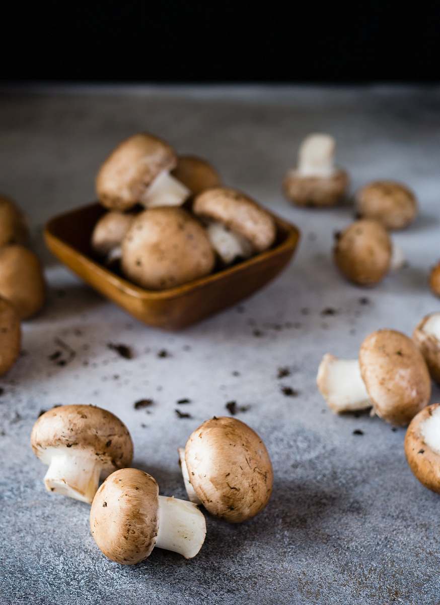 produce brown mushrooms on gray surface flora