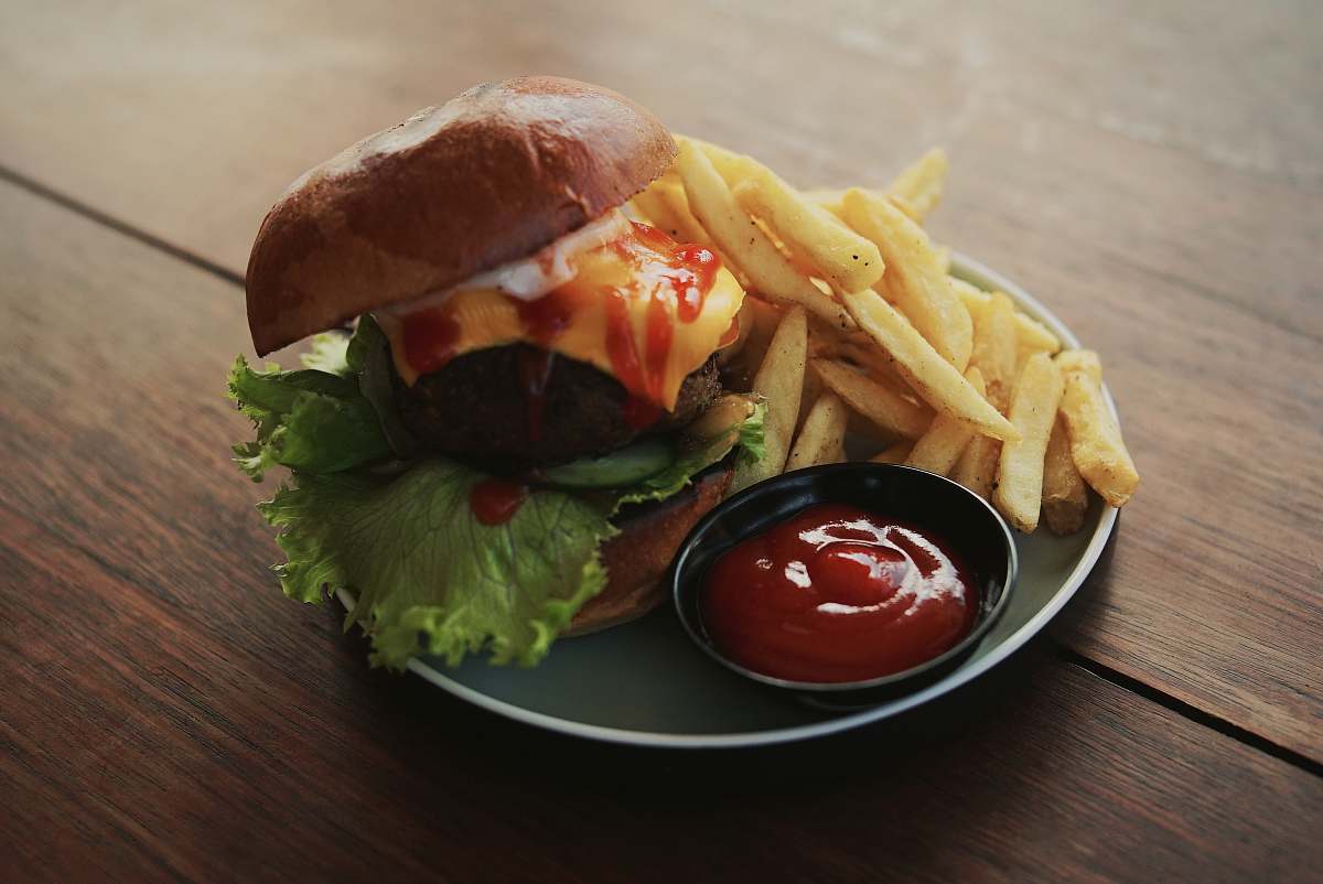 burger burger and fries with ketchup served on plate fries