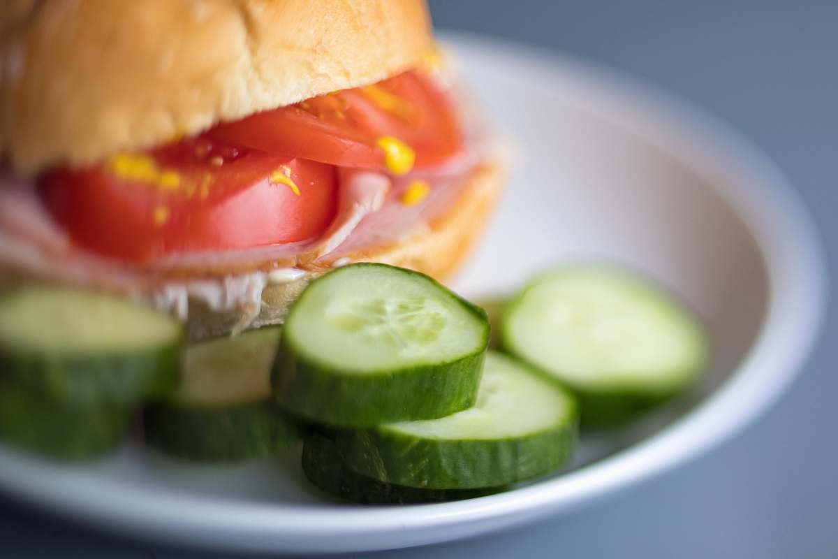plant burger with slice of green cucumber burger