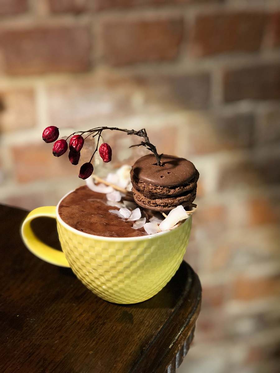 dessert chocolate coffee in cup on brown wooden table chocolate