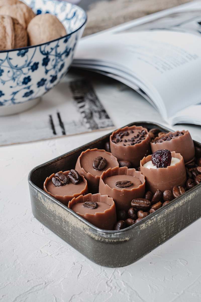 dessert chocolates on grey container chocolate