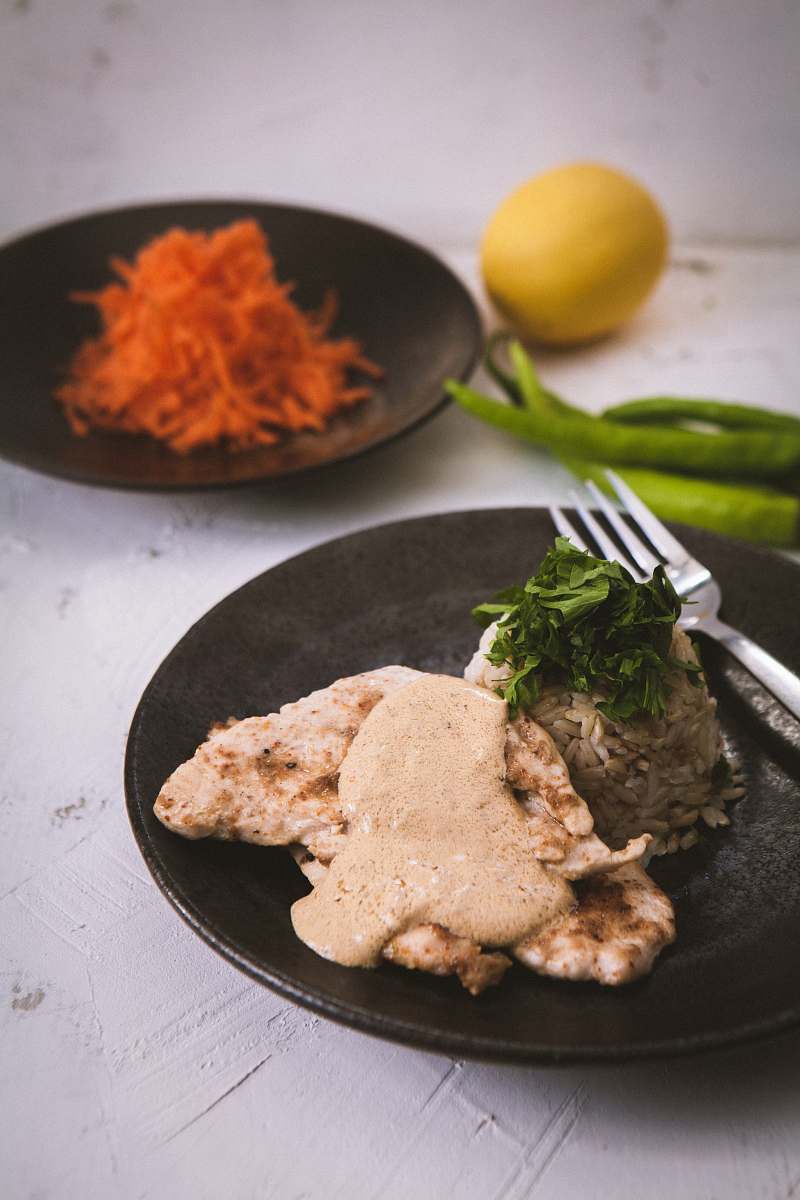 cutlery cooked meat serve on brown plate fork