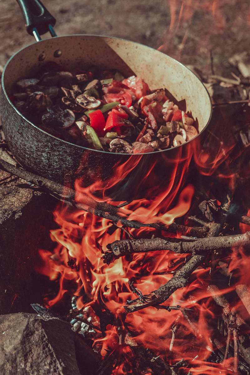 animal cooking food in pan over flame lobster