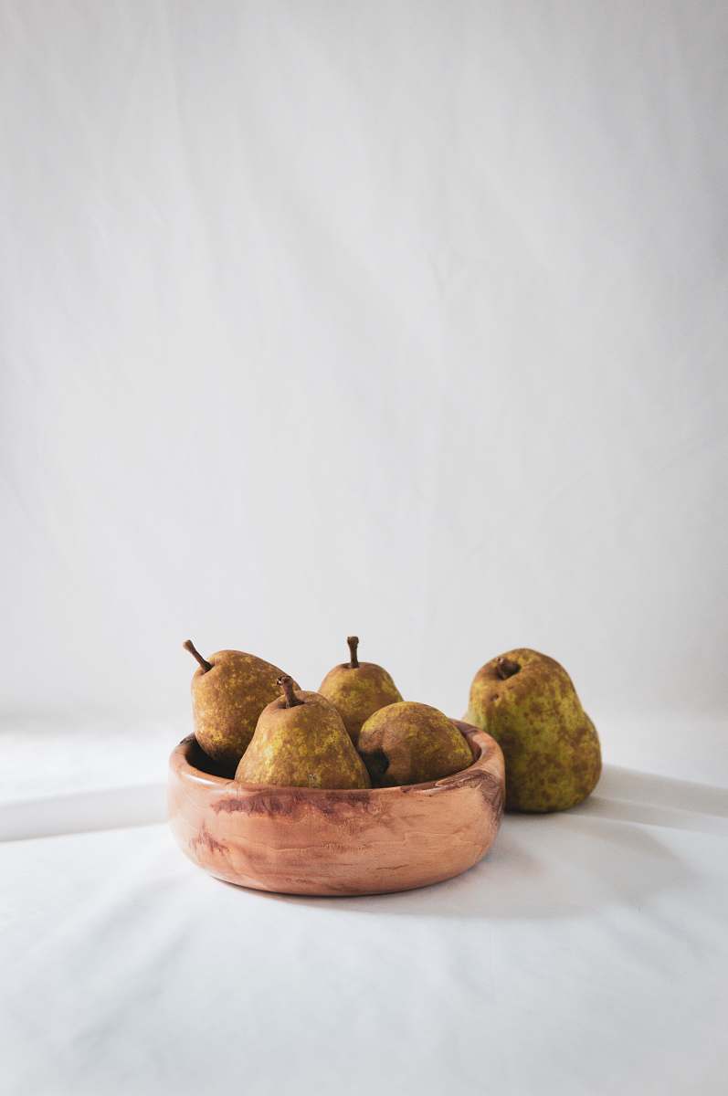 fruit five pears fruit on brown wooden bowl pear