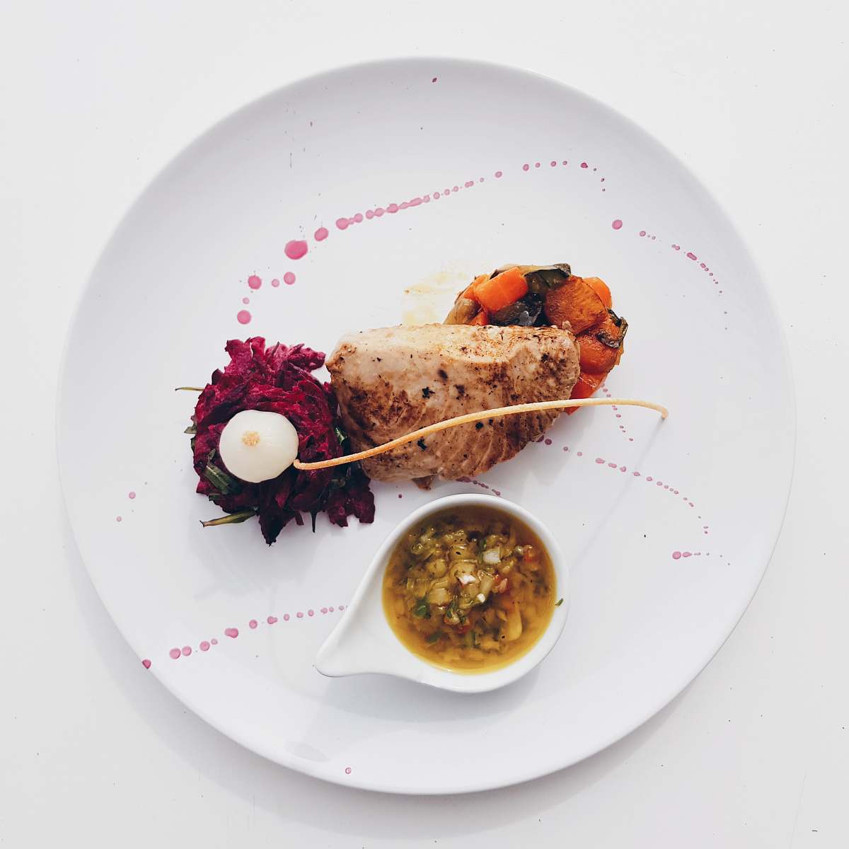 meal flat-lay photography of cooked meat and sauce platter plate
