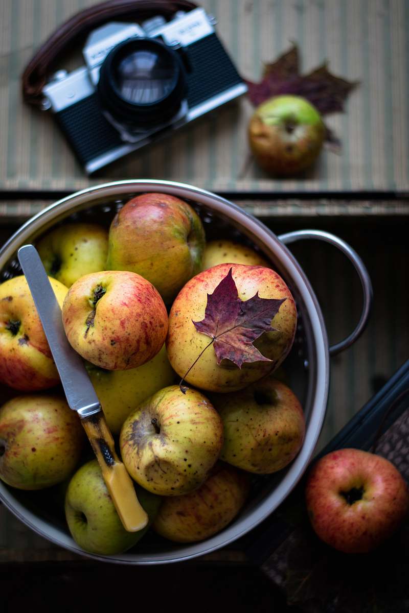 fruit flat lay photography of pot of apples apple