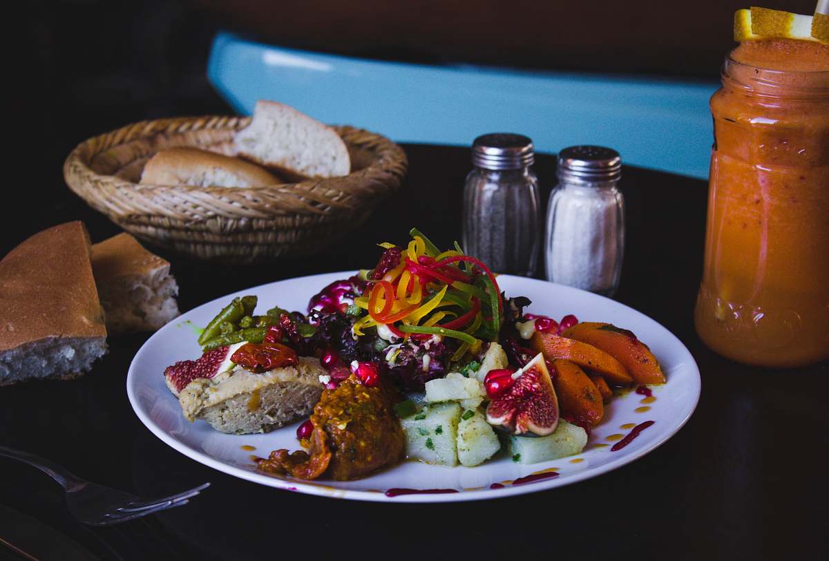 meal foods served on plate with spices on table dish