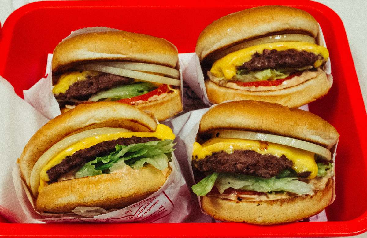 burger four burgers with patties on basket sandwich
