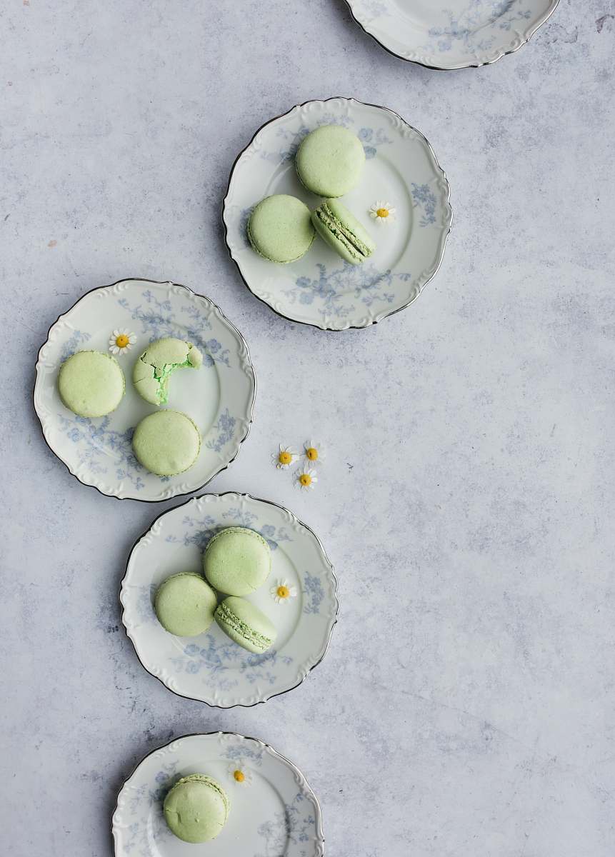 plant French macaroons on top of round plates egg