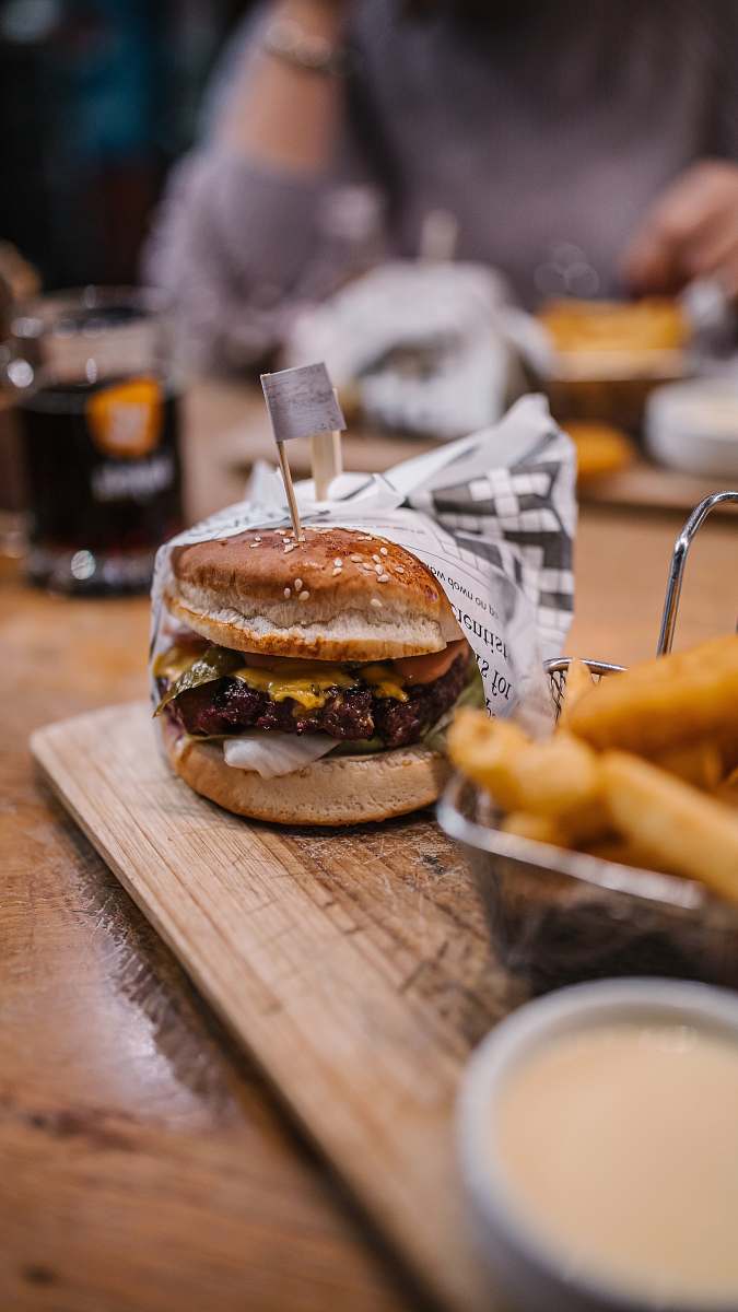 burger fries with cheese burger human
