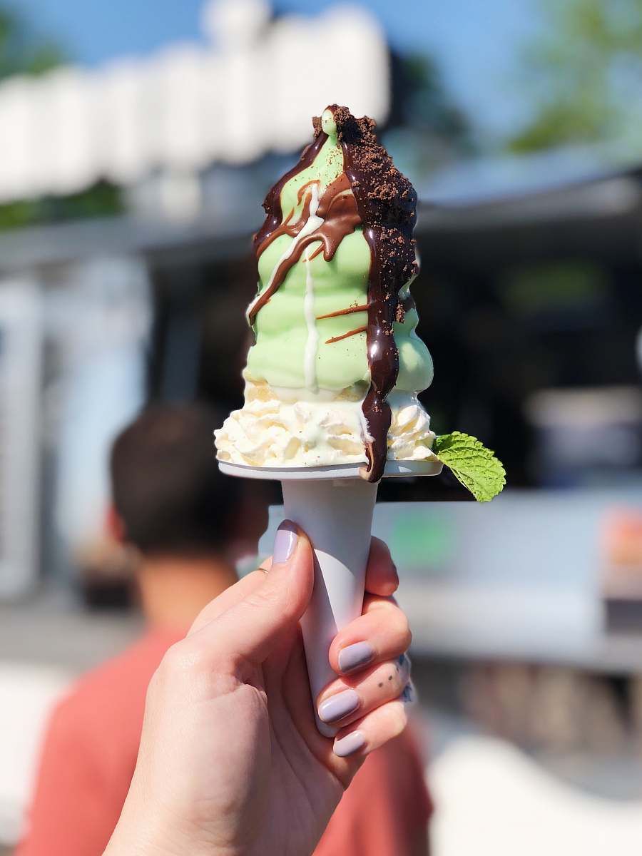 creme green ice cream coated with chocolate syrup cream