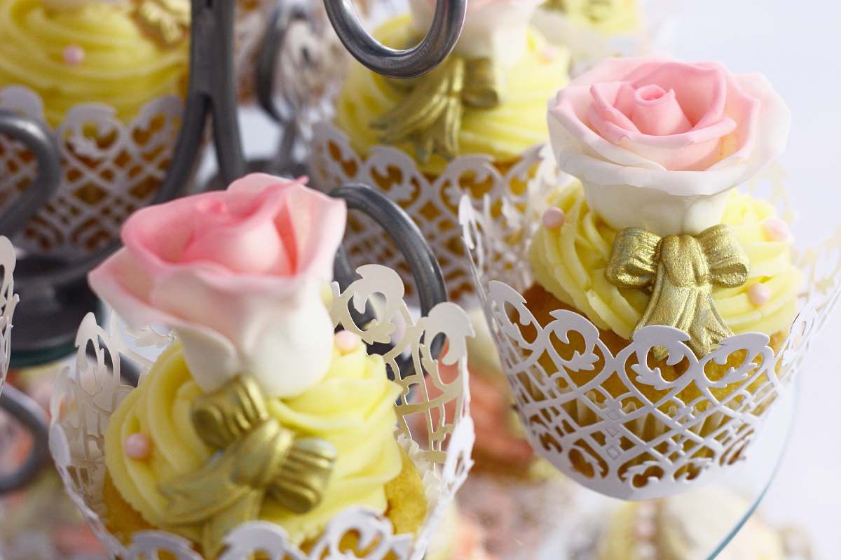 dessert group of pink-and-white roses party favors cupcake